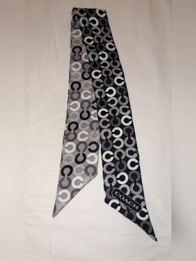 COACH Signature Logo C Scarf Silk Black White Gray EUC